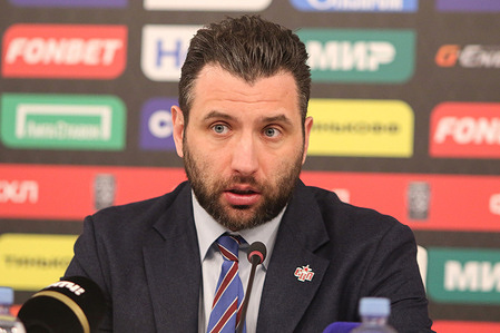 SKA Hockey Club head coach, Roman Rotenberg speaks during a press conference at the end of the KHL Conference Semifinals between SKA and Avtomobilist at SKA Arena. Final score; SKA 4:5 Avtomobilist.