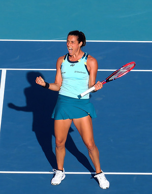 Caroline Garcia of France reacts after winning her match against Naomi Osaka of Japan (not pictured) in the third round of the women's singles at the 2024 Miami Open at Hard Rock Stadium in Miami Gardens. Caroline Garcia won against Naomi Osaka 7-6(4), 7-5