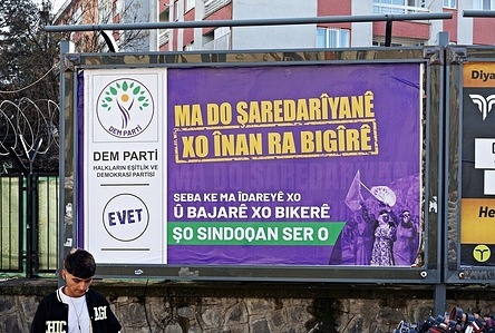 A billboard poster of the People's Equality and Democracy Party (DEM Party), supported by the majority of Kurds in Turkey, is seen in the streets in Diyarbakir. Political parties in Diyarbakir, the largest city in the region where the majority of Turkey's Kurdish population live, are preparing for municipal elections across Turkey on March 31.