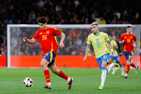 Pau Cubarsi of Spain in action during the friendly match between Spain vs Brazil at Santiago Bernabeu Stadium. Final score: Spain 3:3 Brazil