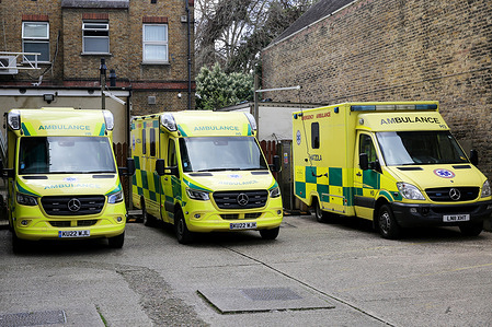 Ambulances seen parked outside an ambulance station in London.