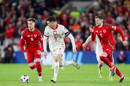 Joe Rodon (L), Chris Mepham of Wales (R) and Robert Lewandowski of Poland (C) seen in action during the UEFA European Championship Qualifying (play -off) match between Wales and Poland at Cardiff City Stadium. Final score; Wales 0:0 Poland (Penalties; 4:5).