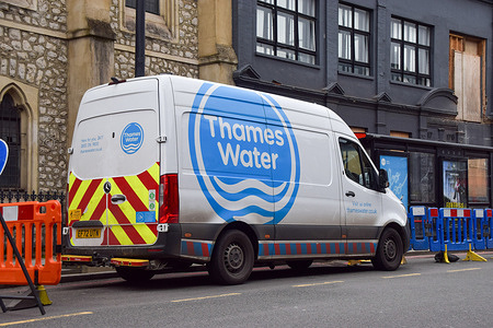 A Thames Water van is seen at a repair site in Central London as investors pull 500 million pounds in emergency funding, raising concerns for the future of the company.