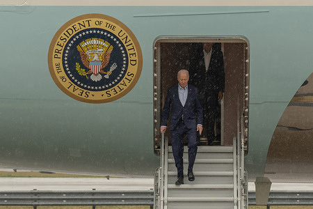 U.S. President Joe Biden and Former President Barack Obama leaving Air Force One upon arrival at John F. Kennedy International Airport in New York. President Biden travels to New York to attend a campaign event with Barack Obama and Bill Clinton.