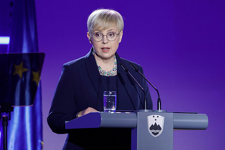 Slovenian President Natasa Pirc Musar speaks at the official ceremony marking the 20th anniversary of Slovenia's entry into NATO in Brdo pri Kranju. Slovenia became a member of NATO on March 29, 2004. The 20th anniversary was marked by an official ceremony preceded by panel discussions addressing pressing global and European security questions.