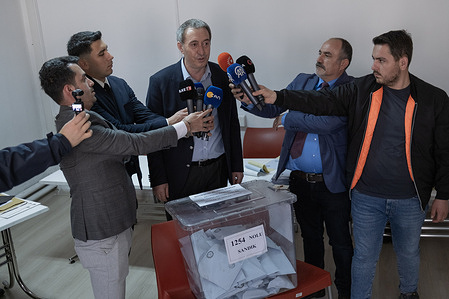 Tuncer Bakirhan, Co-Chairman of the People's Equality and Democracy Party (DEM Party) speaks to the press at a polling station during the 2024 Turkish local elections. Turkish people polling stations to elect their local administrators who will serve for 5 years. More than 61 million voters voted, in approximately 208 thousand ballot boxes. While voting start at 08.00 in the morning in Ankara, thousands of citizens go to the polls early in the morning to vote.