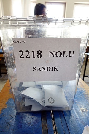 A ballot box containing voting envelopes is seen during the election in Diyarbakir. Votes cast their ballots for the 2024 municipal elections in the city of Diyarbakir, which has the largest Kurdish population in Turkey and is the center of the Kurdish opposition.
