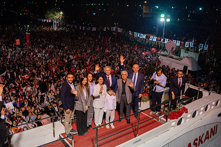 Ankara Metropolitan Municipality Mayor Mansur Yavas (C) celebrates election victory. In the Local Government General Elections held on March 31, the Republican People's Party emerged as the leading party, securing 37 percent of the votes nationwide in Turkey. Celebrations with their supporters started following the victory speech of the Ankara Metropolitan Municipality (ABB) Mayor Mansur Yavaş, who secured re-election for the second consecutive term, addressing the crowd gathered in front of the Ankara Municipality building.