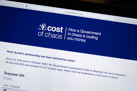 A laptop screen shows a Labour Party campaign website providing a critical overview of spending by the UK’s Conservative government under Prime Minister Rishi Sunak. Launched a month before the local elections on 2nd May, "Cost of Chaos" aims to count the cost of decisions made by the prime minister, including scrapping the northern leg of the High Speed 2 (HS2) rail project.
