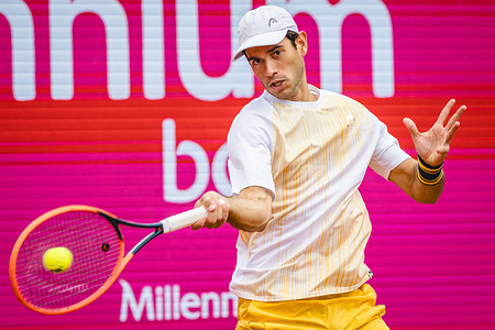 Nuno Borges from Portugal in action during the match against Lucas Pouille from France (not pictured) for the first round of the Millennium Estoril Open ATP 250 tennis tournament 2024 at Clube de Tenis do Estoril. Nuno Borges win against Lucas Pouille 0-6, 8-6, 6-3