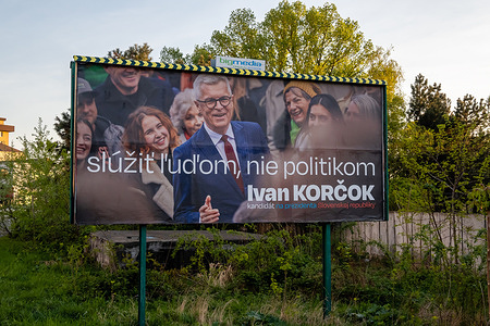 The election billboard of presidential candidate and former Slovak foreign minister Ivan Korcok in the street in Bratislava. Ivan Korcok , a former Slovak foreign minister, won the first round of presidential elections beating Peter Pellegrini, the current speaker of the Slovak National Council. Second round of presidential election in Slovakia will take place on saturday 6th of April.