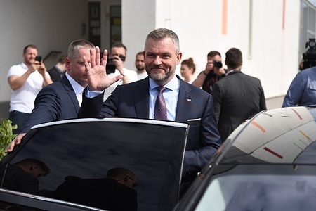 Peter Pellegrini, presidential candidate and current speaker of the Slovak National Council greets his supporters after voting during the second round of the presidential elections in Slovakia. Ivan Korcok , a former Slovak foreign minister, won the first round of presidential elections beating Peter Pellegrini, the current speaker of the Slovak National Council.