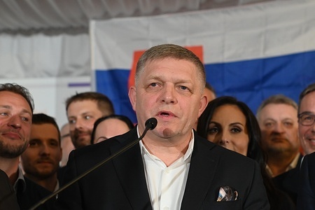 Slovak prime minister Robert Fico, speaks to the journalists at the campaign headquarter of Peter Pellegrini in Bratislava. Peter Pellegrini , current speaker of the Slovak National Council , won the presidential elections, outpacing former Slovak foreign minister Ivan Korcok.
