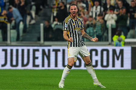 Federico Gatti of Juventus FC celebrates after scoring a goal during Serie A 2023/24 football match between Juventus FC and ACF Fiorentina at Allianz Stadium. Final score: Juventus FC 1:0 ACF Fiorentina