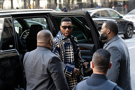 Jonathan Majors arrives at the New York Criminal Court in Manhattan to be sentenced in his domestic-violence trial after being convicted of assaulting and harassing his ex-girlfriend Grace Jabbari.