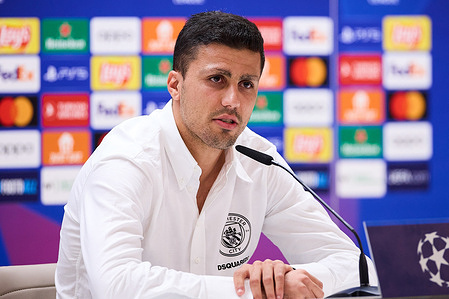 Rodrigo Hernandez Cascante, known as Rodri of Manchester City, speaks during a press conference on the eve of the UEFA Champions League 2023/2024 quarter-finals first leg football match between Real Madrid CF and Manchester City at Santiago Bernabeu stadium.