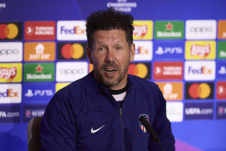 Diego Pablo Simeone, the head coach of Atletico de Madrid, attends a press conference on the eve of the UEFA Champions League 2023/2024 quarter-finals first leg football match between Atletico de Madrid and Borussia Dortmund at Civitas Metropolitano stadium.