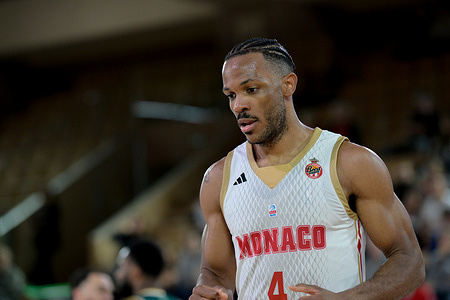 Monaco player #4 Jaron Blossomgame is seen in action during the Betclic Elite match between AS Monaco and CSP Limoges at the Salle Gaston Medecin. Final score: AS MONACO 94 - 56 CSP LIMOGES.