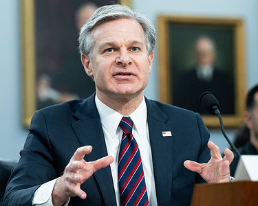 Christopher Wray, Director of the Federal Bureau of Investigation (FBI), speaking at a hearing of the House Committee on Appropriations Subcommittee on Commerce, Justice, Science, and Related Agencies at the U.S. Capitol.
