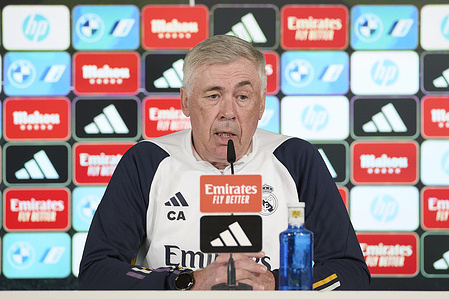 Carlo Ancelotti, the head coach of Real Madrid CF speaks during a press conference on the eve of the 2023/2024 La Liga EA Sports week 31 football match between RCD Mallorca and Real Madrid CF at Real Madrid training ground.