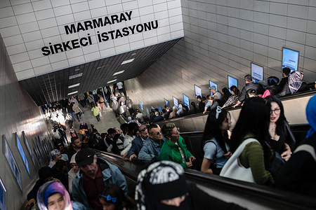 Dozens of people seen at the exit of Marmaray Sirkeci station. On the third day of Eid al-Fitr in Istanbul, citizens crowded the Historical Peninsula due to the hot weather.