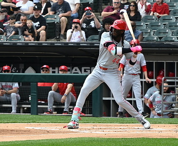 Elly De La Cruz #44 of the Cincinnati Reds at bat during Sunday's Major League Baseball game where the Cincinnati Reds are playing against the Chicago White Sox at Guaranteed Rate Field in Chicago, Illinois, United States on April 14, 2024. The Cincinnati Reds swept the Chicago White Sox for all three games of the series, they won Sunday's game with a score of 11-4.