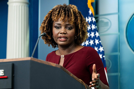 White House Press Secretary Karine Jean-Pierre speaking at a press briefing in the White House Press Briefing Room in Washington, DC.