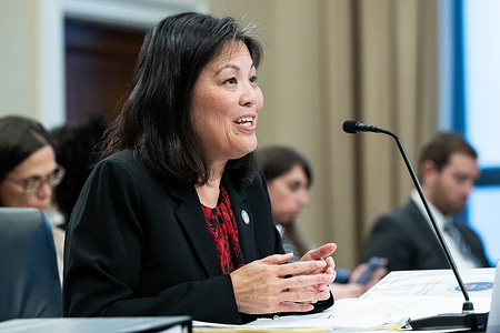 Acting Labor Secretary Julie Su speaking at a hearing of the House Committee on Appropriations Subcommittee on Labor, Health and Human Services, Education, and Related Agencies at the U.S. Capitol.