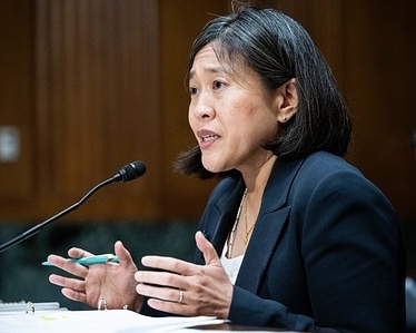Katherine Tai, United States Trade Representative (USTR), speaking at a hearing of the Senate Finance Committee at the U.S. Capitol.