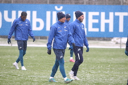 Andrey Mostovoy and Ivan Sergeev of Zenit football club seen during an open training session at the Zenit FC training base in St. Petersburg before the Zenit Saint Petersburg - Orenburg football match, which will be held in Saint Petersburg, Russia.