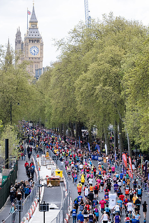 Participants of 2024 London Marathon are seen running beside the River Thames. Over 50,000 runners participated in the 2024 London Marathon.