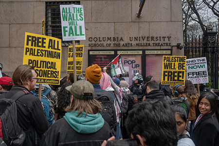 Pro-Palestinian demonstrators rally in front of the Miller Theater outside the Columbia University in solidary with students arrested by NYPD for participating in an on-campus encampment on the South Lawn.