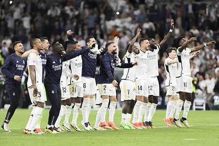 Several players of Real Madrid celebrate a goal during the La liga 2023/24 match between Real Madrid and FC Barcelona at Santiago Bernabeu Stadium Final score; Real Madrid 3:2 FC Barcelona
