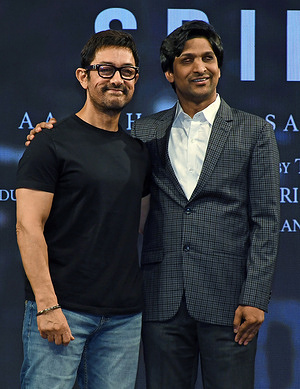 L-R Bollywood actor and filmmaker Aamir Khan and Founder and Chief Executive Officer (CEO) of Bollant Industries, Srikanth Bolla pose for a photo after the song launch of the upcoming film 'Srikanth' in Mumbai.