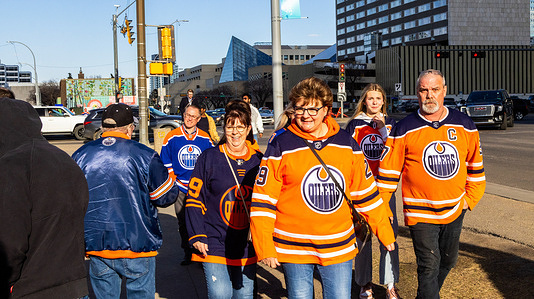 Edmonton Oilers fans in every style of Oilers jersey head to Game 1 of the Stanley Cup Playoffs between the Los Angeles Kings and the Edmonton Oilers. Final score; Edmonton Oilers 7:1 Los Angeles Kings.