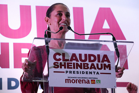 Claudia Sheinbaum, candidate for the presidency of Mexico for the 'Let's Keep Making History' coalition speaks during a political rally on the esplanade of the Tlalpan Mayor's Office.