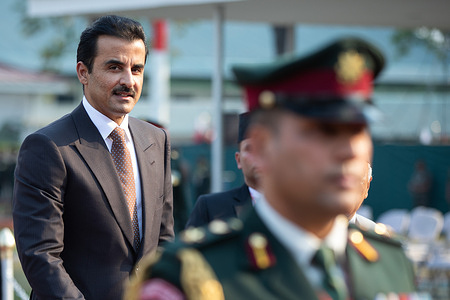 Emir of Qatar, Sheikh Tamim Bin Hamad Al-Thani seen during a welcome ceremony at Tribhuvan International Airport in Kathmandu. Emir of Qatar is on a Two-day official goodwill visit to Nepal at the invitation of Nepal's President.  This is the highest-level visit from Qatar since the two countries established diplomatic relations in 1977.
