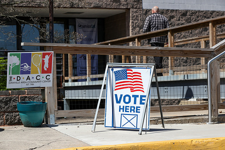 A "vote here" sign is seen at the Danville Area Community Center which serves as the polling place for Danville's Second Ward in Montour County. Pennsylvania's primary election is being held on Tuesday, April 23, 2024.