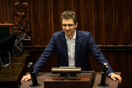 Michal Wawer, Polish Parliament member speaks during the 10th session of Polish Parliament in the Parliament building on Wiejska Street. The parliament discusses controversial issues of the rule of law.