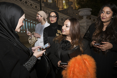 Guests from Indonesia attend the Welcoming Night for the Istanbul Modest Fashion Week 2024 event organized by Think Fashion at Ciragan Palace in Istanbul, hosted by Buttonscarves and Salambooking.