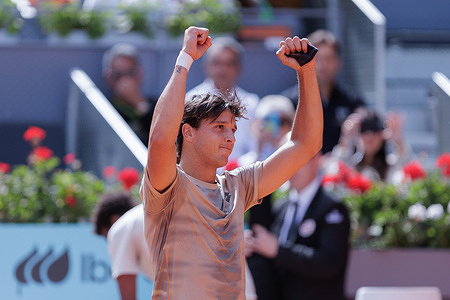 Luciano Darder celebrates victory during a match against Gael Monfils (Not in view) on Day 3 of the Mutua Madrid Open at Caja Magica Stadium in Madrid. Final Score: (6:4,6:2)