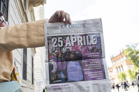 View of a newspaper displaying the front page during the demonstration to mark the 81st anniversary of the Liberation Day. On April 25th, 1945, Italian partisans launched a massive uprising against the fascist regime and Nazi occupation, marking the date as Liberation Day, which honors the critical turning point when Italy began its liberation from fascist and Nazi control.