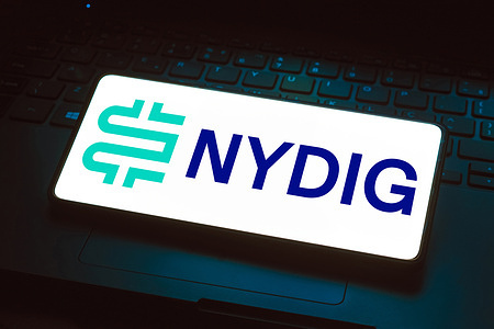 In this photo illustration, the NYDIG Bitcoin ETF logo is displayed on a smartphone screen.