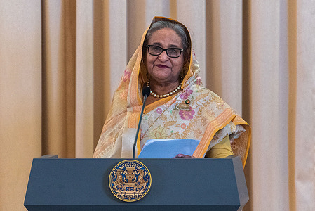 Bangladesh's prime minister Sheikh Hasina speaks to the media during a press conference at Government House. Bangladesh's prime minister Sheikh Hasina is on a six-day official visit to Thailand that aim to strengthen ties between the two nations. Sheikh Hasina is the first prime minister of Bangladesh who official visit Thailand since 2002.