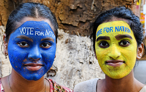 Students from Gurukul school of art with their faces painted pose for a photo to create awareness about participating in the upcoming general election and urging citizens to exercise their right to vote. Citizens will exercise their voting rights on 20th May 2024 in Mumbai.