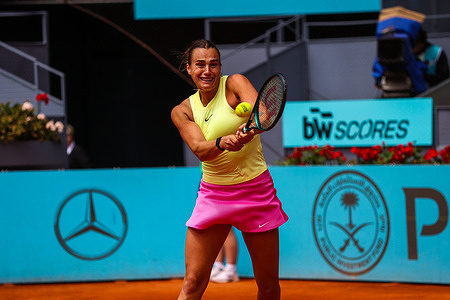 Aryna Sabalenka of Belarus plays against Magda Linette of Poland on Day Five of the Mutua Madrid Open 2024 tournament at La Caja Magica. Final score; Magda Linette 1:2 Aryna Sabalenka.