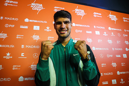 Carlos Alcaraz of Spain seen after defeating Alexander Shevchenko of Kazakhstan on Day Five of the Mutua Madrid Open 2024 tournament at La Caja Magica.