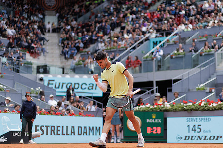 Carlos Alcaraz celebrates a point against Alexander Shevchenko (not pictured) during their match on Day 5 of the Mutua Madrid Open at Caja Magica Stadium. Carlos Alcaraz won 6-2 , 6-1
