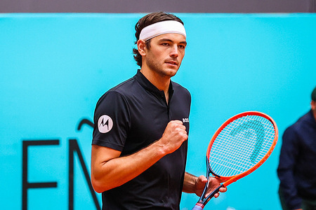 Taylor Fritz of the USA plays against Luciano Darderi of Italy on Day Five of the Mutua Madrid Open 2024 tournament at La Caja Magica. Taylor Fritz won against Luciano Darderi 7-6, 6-4