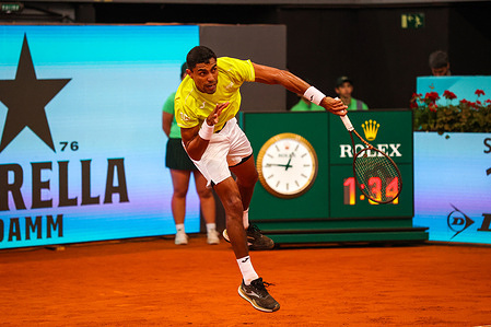 Thiago Monteiro of Brazil plays against Stefanos Tsisipas ( not pictured ) of Greece on Day Six of the Mutua Madrid Open 2024 tournament at La Caja Magica. Final score; Thiago Monteiro 2:0 Stefanos Tsitsipas.